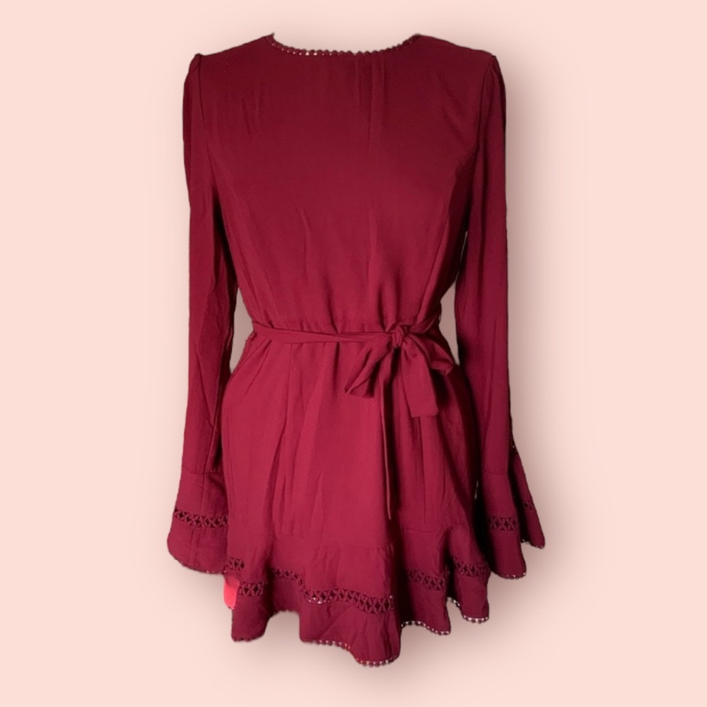 NWT Forever 21 wine red crochet bell sleeve tie waist autumn winter mini dress